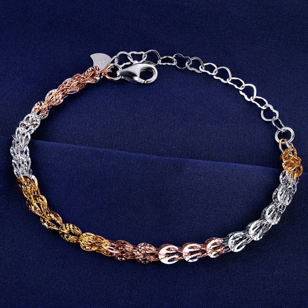 Solid 925 Silver Tri-Tone 14k Gold Plated Bracelet